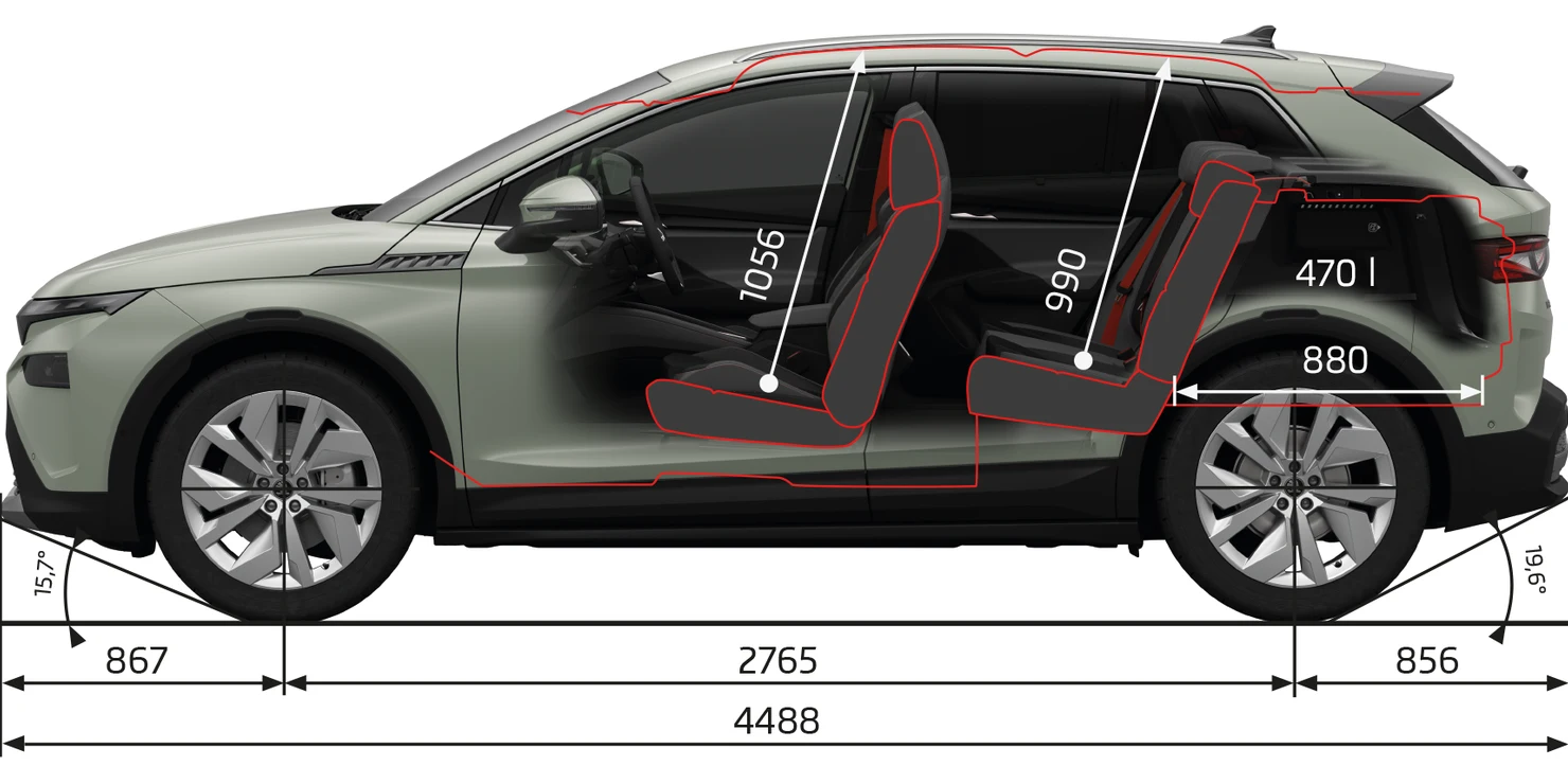 Dimensions techniques du Škoda Elroq : 4488 mm de long, 2765 mm d'empattement, 470L de coffre